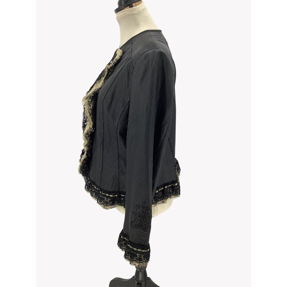 Peter Nygard Womens Black Genuine Leather Jacket With Lace Trim Size 16 - Picture 6 of 10